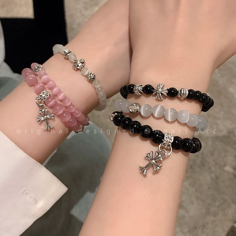 Cat's Eye Stone Cross Beaded Bracelet for Women Elastic Cord Design Jewelry