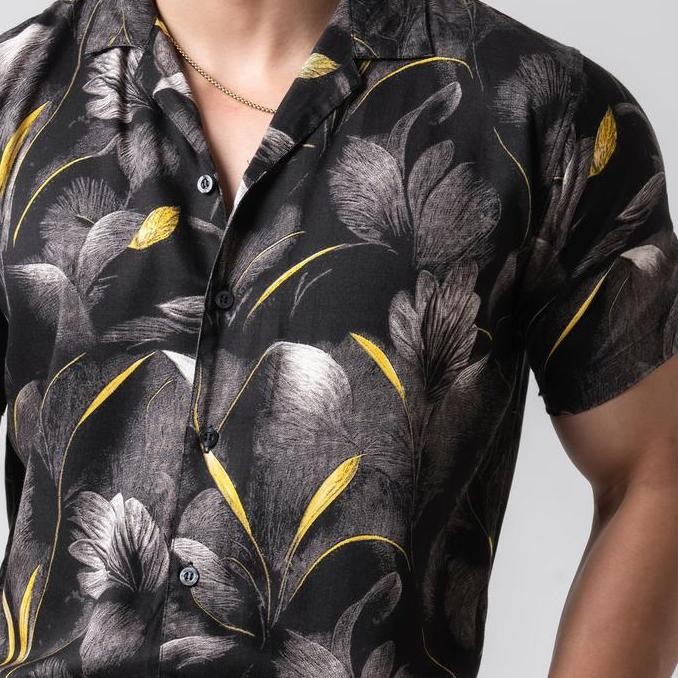 Grosir Vengoz Kemeja Hawai Printing Pria - Black Magnolia Casual Shirt Ss