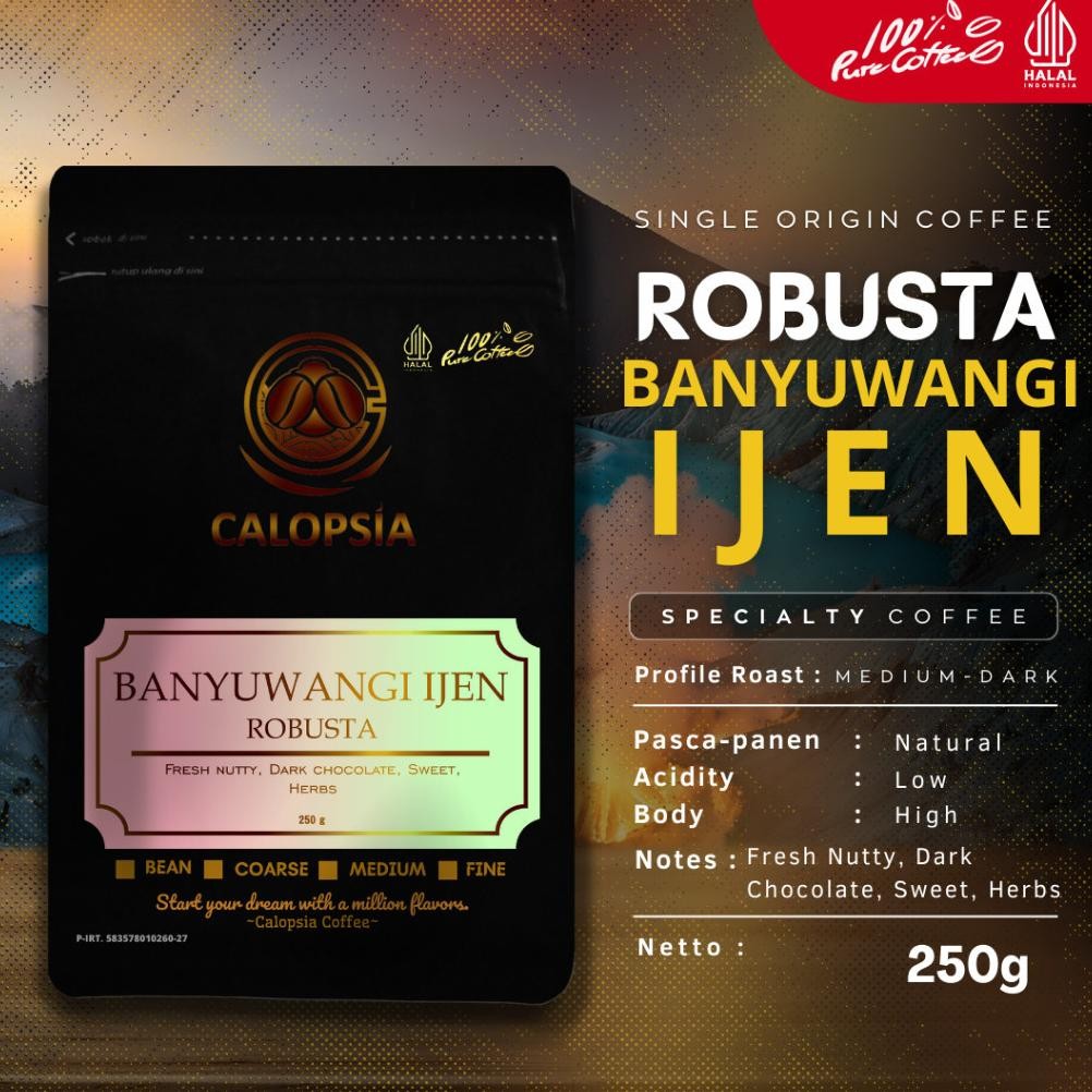 

Ready!! CALOPSIA Kopi Banyuwangi Ijen Robusta Single Origin 250 Gram (Specialty Grade 1) | Kopi Robusta