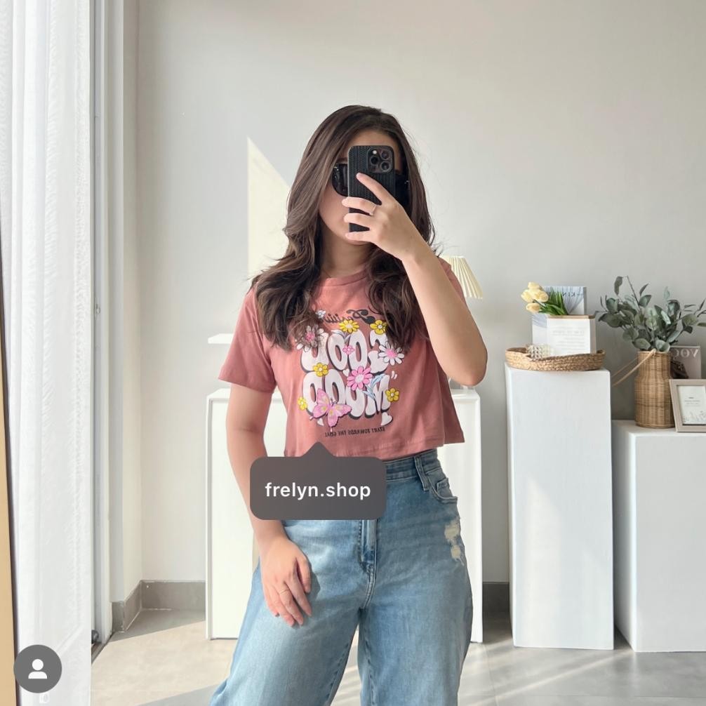 Promo Frelyn Shop - Crop Top Motif | Baju Kaos Tumblr Crop Tee Tshirt Kaos Korea Fashion Wanita Sage