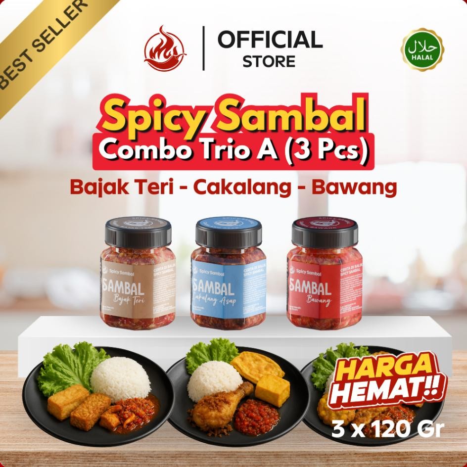 

Spicy Sambal Paket Combo Trio 3 Pcs X 120 Gr Bawang Terasi Tuna Cakalang Cumi Bajak Teri