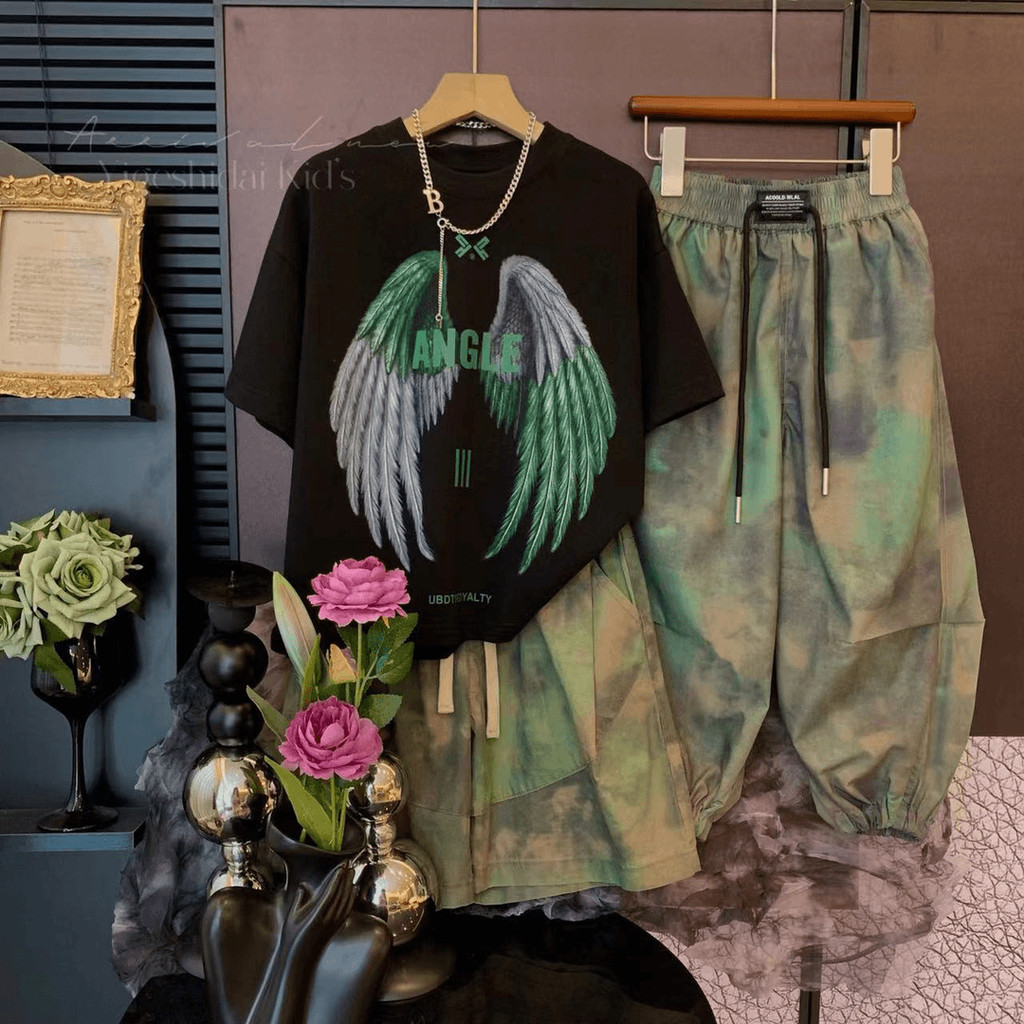 Kemeja Lengan Pendek Tie-Dye Ringan untuk Anak Laki-Laki T Setelan Kaos Dua Potong
