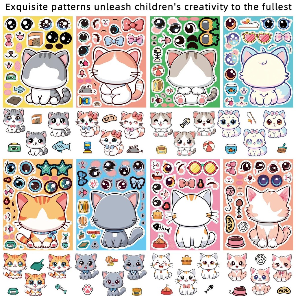 

8Pcs Cute Animal Cat Dolphin Octopus Cartoon Car Face Changing Stickers Stationery Notebook Decor Diy Children'S Puzzle Sticker