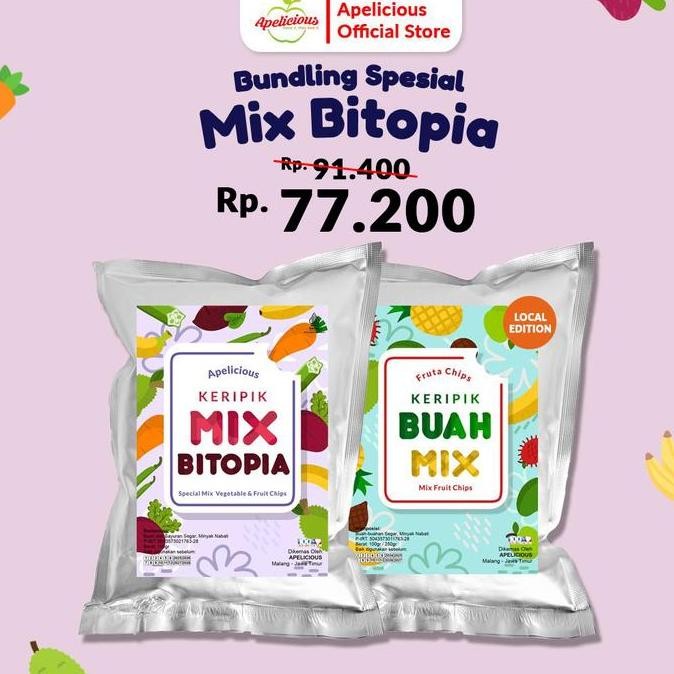 

Apelicious Bundling Spesial Keripik Mix Bitopia + Keripik Buah Mix Lokal 100gr - Food, Snack, Chips, Kripik