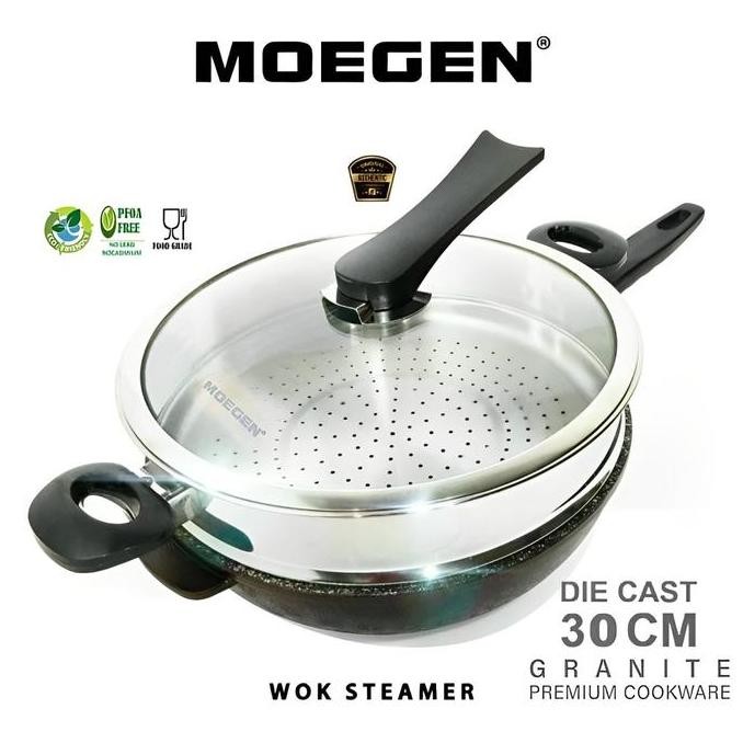 Murah Moegen Germany Color Wok Pan 30 Cm With Steamer Granite Coating