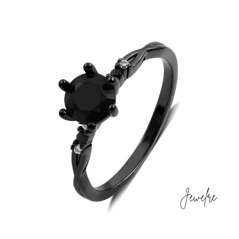Cincin Hitam Solitaire Side Mini Stone Wanita Jewelre Black Ring Tipis DiM