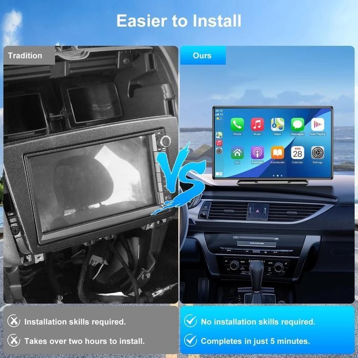 Essgoo Portable Carplay Head Unit Android 9 Inch Layar Sentuh Radio Mobil Pemutar Wireless Carplay A