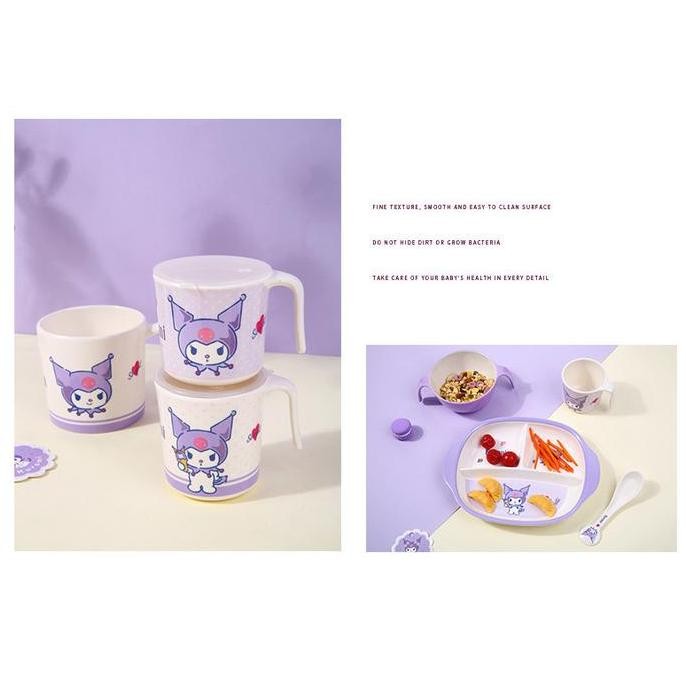 Piring Set Anak 4in1 Bahan Melamin Karakter Kuromi Dino Kuning Lucu Mangkok Piring Gelas Sendok Mela
