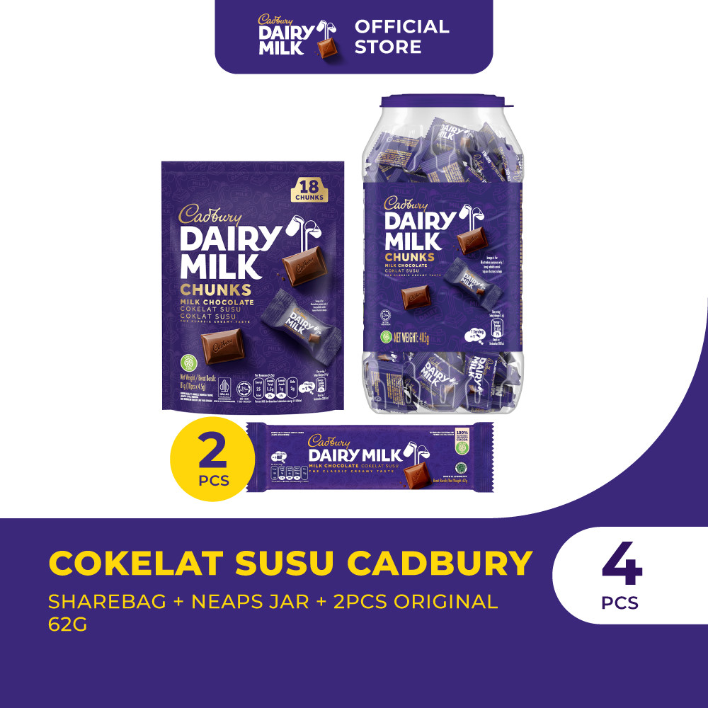 

Bundle Cokelat Susu Cadbury | Neaps Jar 405g + Sharebag Isi 18pc + Cadbury Milk Original | Paket Hemat Cemilan Snack Manis Anak & Keluarga Cokelat