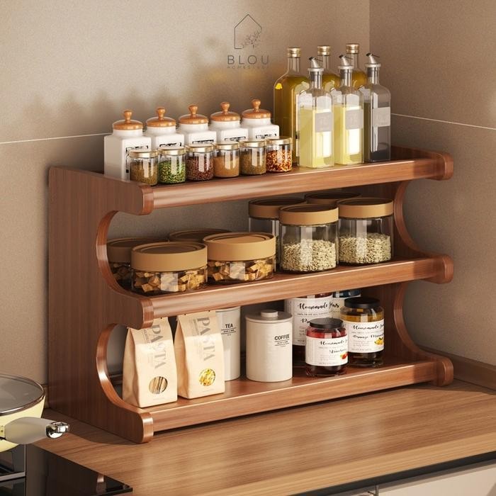 Blou Rak Kayu Aesthetic Estetik Kitchen Rack Seasoning Storage Rack Rak Kayu Bambu Gelas Bumbu Dapur