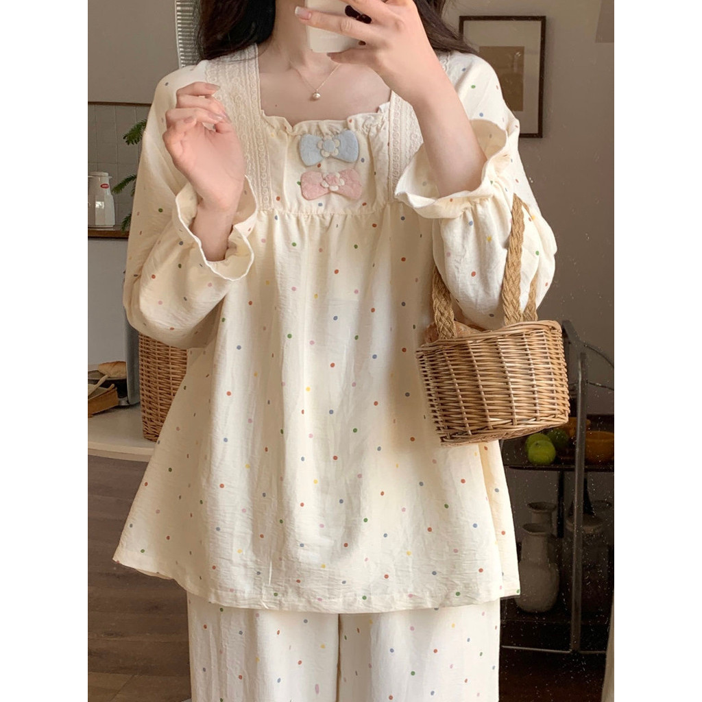 Lazy night Piyama Korea Wanita Sederhana Nyaman Elegan Gaya Putri Piyama Lengan Panjang Longgar Mode