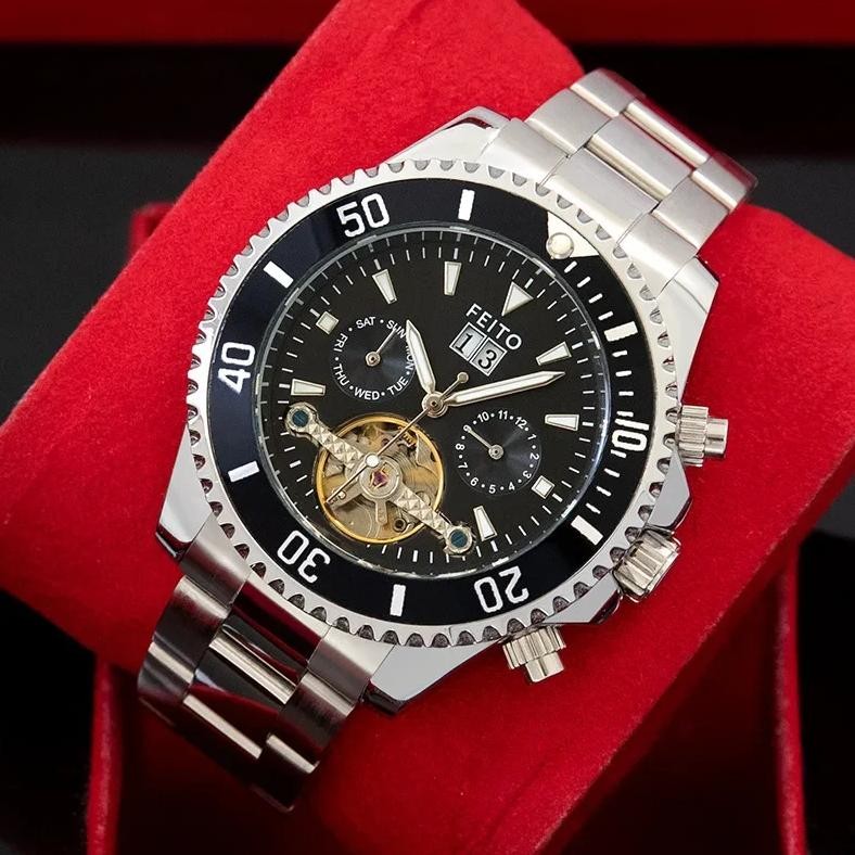 Men's Automatic Mechanical Watch with Flywheel Diver's Steel Band Night Light Business Waterproof Sc