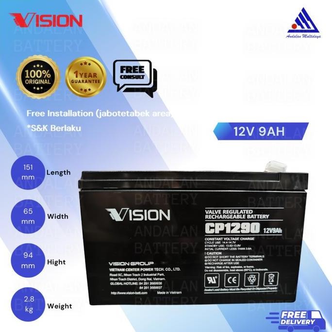 BEBAS ONGKIR - Baterai UPS Aki Kering VISION 12V 9Ah/VRLA CP1290 / AKI UPS 12V 9Ah