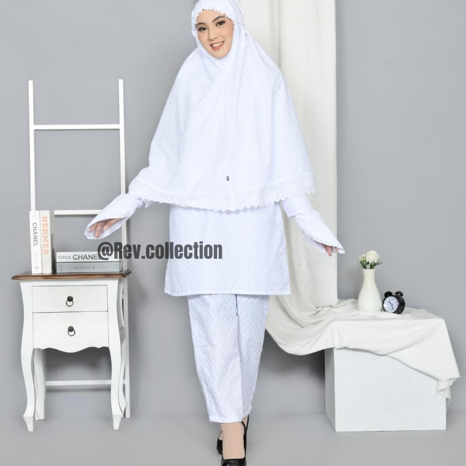 Baju Umroh Wanita Setelan Lengkap Baju Ihram Wanita Putih Full Bordir