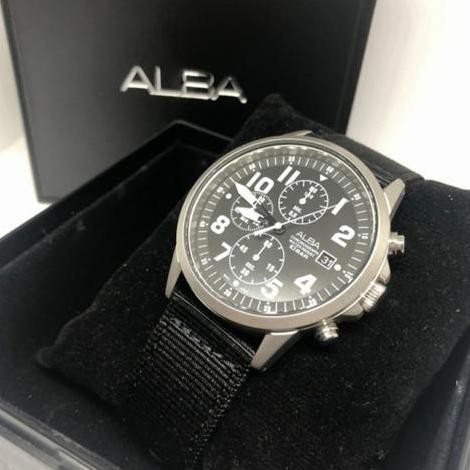 baru Jam Tangan Pria ALBA Chronograph Strap Kanvas Hitam AM3853X1 Original