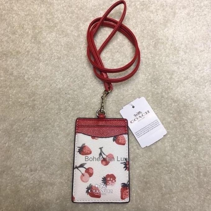 

READY COCH Lanyard ID Name Tag Card Holder In White with Strawberry Print NEW