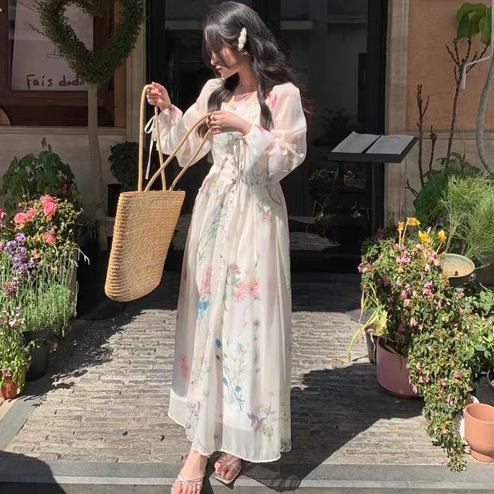 READY Fan Gaun Sifon Bermotif Retro Prancis Gaun Lengan Panjang Gaun Retro Gaun Bermotif Modis/Dress