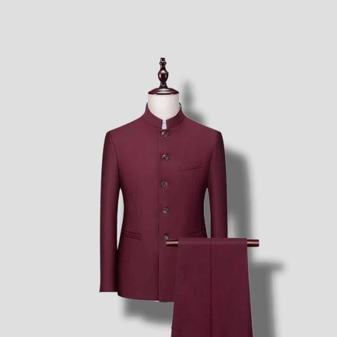 ready setelan jas mandarin tuxedo pria slimfit - merah marun, XXXL
