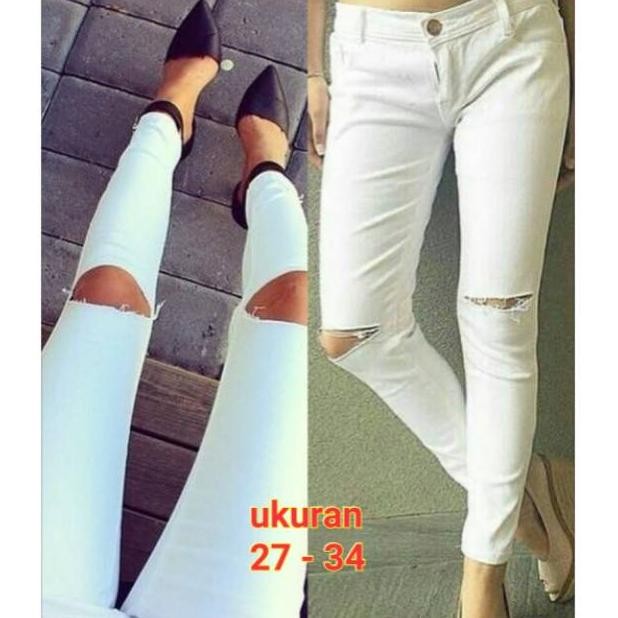 New - Celana Panjang Wanita Sobek Lutut Putih . Ripped Knee Putih . Celana Panjang Wanita Putih