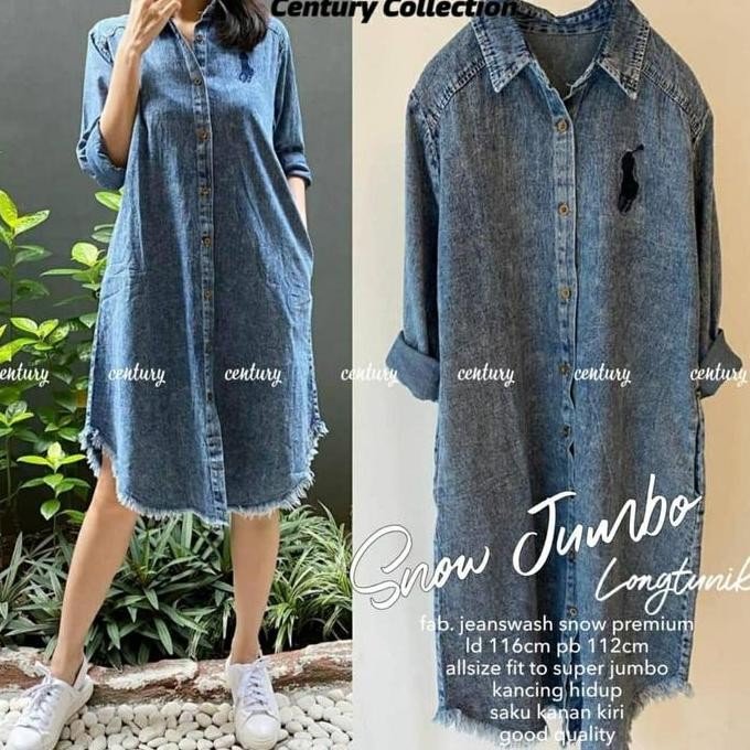 Snow Jumbo Long tunik jeans tunik jumbo tunik muslim kemeja jeans HI8]