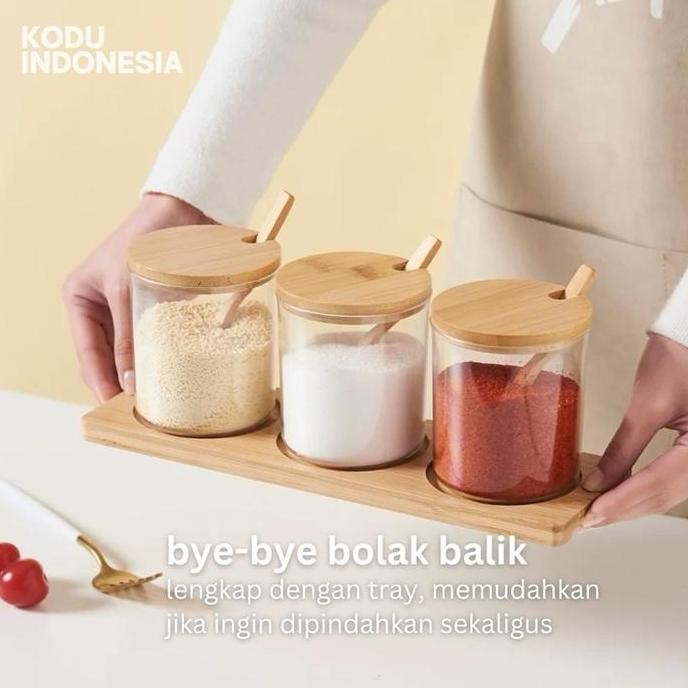 KODU Set Tempat Bumbu Dapur Wadah Bumbu Kaca Tutup Kayu Bamboo Minimalis Toples Hampers Kitchenware