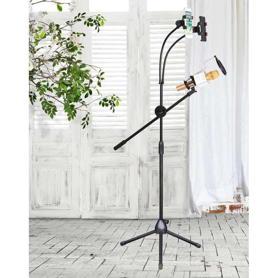 Microphone Standing Tripod with 2 x Smartphone Holder NB-03 Ampli Karaoke Loudspeaker Speaker Dan Bl