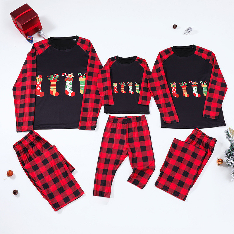 Christmas Stocking Plaid Christmas Pajamas Autumn Homewear Long-sleeved Suit Top Pants Casual Sleepw