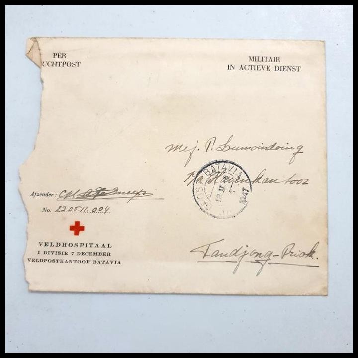 

BEST DEAL AMPLOP SURAT RESMI/OFFICIAL POS MILITER RUMAH SAKIT / VELDHOSPITAL VELDPOSTKANTOOR BATAVIA 1947 DIKIRIM KE TANJOENG PRIOK. ISTIMEWA !!