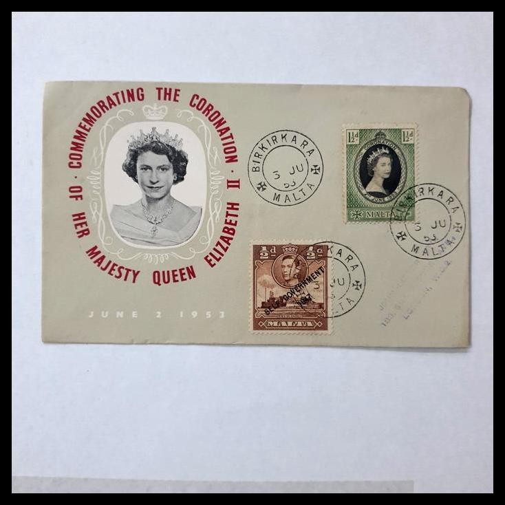 

HOT DEAL PRANGKO CORONATION QUEEN ELIZABETH II 1953. FDC DARI MALTA DENGAN TAMBAHAN PRANGKO KING GEORGE VI C.T. SELF GOVERNMENT