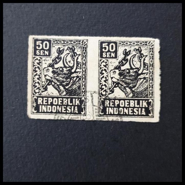 

HOT DEAL PRANGKO INDONESIA REVOLUSI JAWA 1946. J34A 50 SEN VERTICAL PAIR, USED !!!