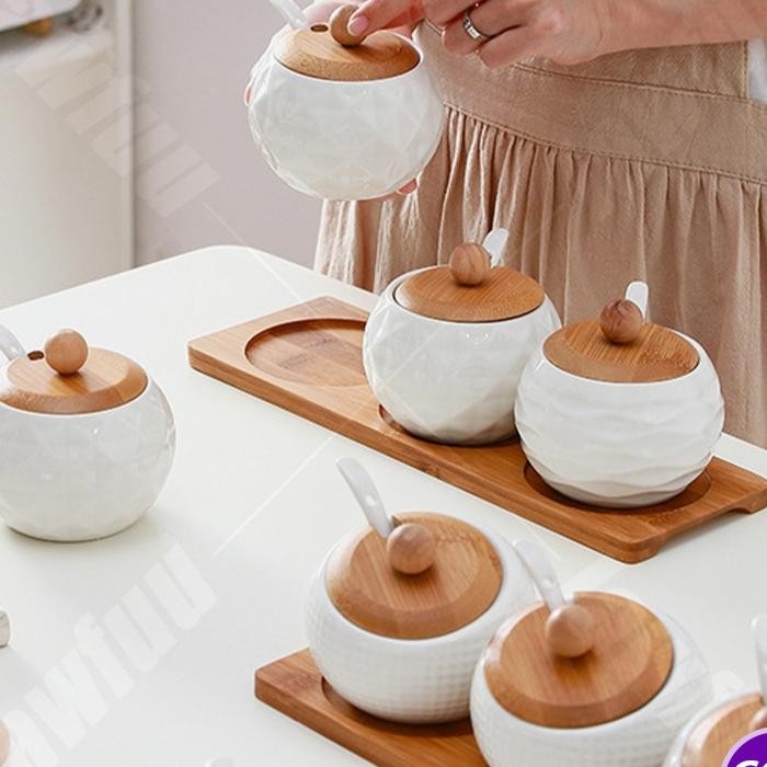 Keramik Toples Bumbu 3 Set Dan 1 Wadah Kayu Bumbu Dapur Unik Kombinasi