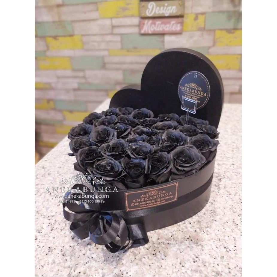 Flower Box Love Bunga Hitam Mawar Asli Kotak Hati Fresh Black Rose Pot