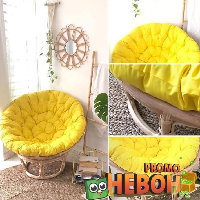 Kursi Teras Santai Papasan Rotan Alami Bentuk Bulat Parabola - KURSI HITAM+JOK