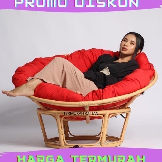 Kursi Santai Papasan Rotan Alami Bentuk Bulat Parabola Plus Busa