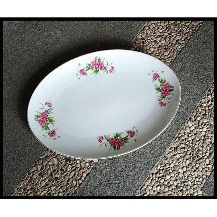 DISKON PIRING KERAMIK CHINA OVAL BUNGA MAWAR KECIL RETAK 