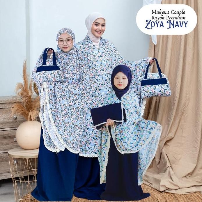 new  Mukena Couple Rayon Premium Renda Motif Zoya Navy - Mukenah Cantik