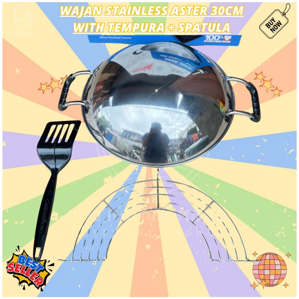 Maspion Panda Aster Wok 30 Cm + Tempura - Wajan Stainless Steel Penggorengan Trend
