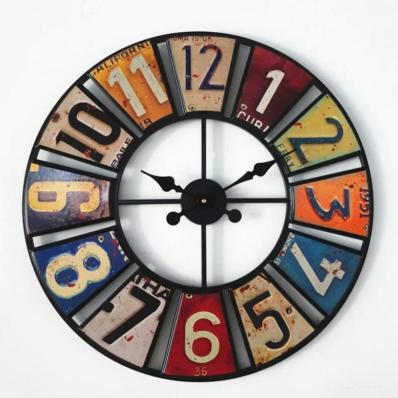 Digital Round Retro Wall Clock Creative License Plate Wall Clock Sticker Iron Decoration Clock