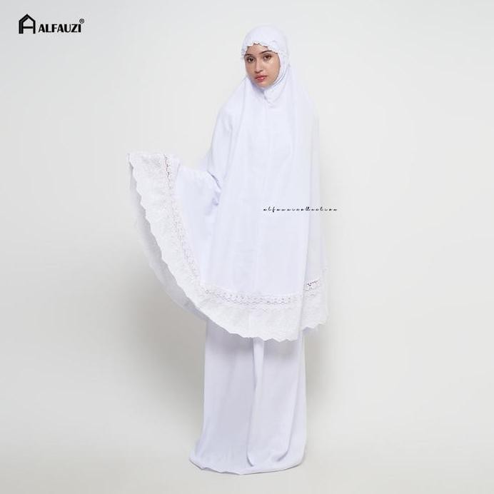 new  ALFAUZI - Mukena Dewasa Putih Polos Renda Bordir | Mukena Aisyah Atasan Bawahan Katun Cream