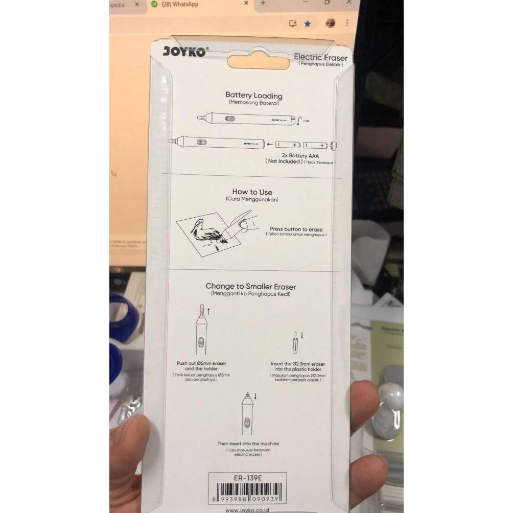 

penghapus elektrik / electric eraser JOYKO tipe er 139 E model panjang ( plus isi @ 10 2 ukuran) dan holder 2 buah ( batere tidak termasuk) DiM