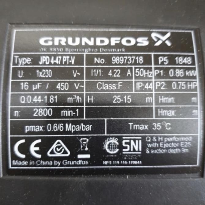 Mesin Pompa Air Grundfos Jpd 4-47 Pt-V Jet Pump (Tanpa Tabung)