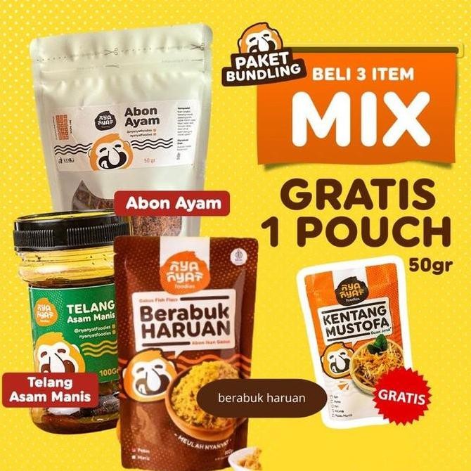 

PAKET BUNDLING IKAN ASIN TELANNG ASAM MANIS + ABON AYAM + BEUK HARUAN FREE KENTANG MUSTOFA