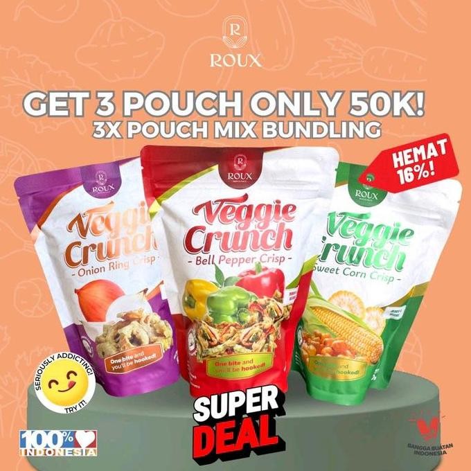 

Paket 3 Keripik Sayur Roux Veggie Crunch, Paprika, Jagung Manis & Bawang Bombay Renyah Yang Sehat Snack Food Crispy Chips Cemilan Makanan