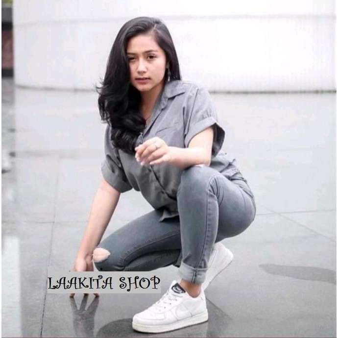 

Celana Jeans Pensil Wanita Abu-abu Sobek Polos Celana Denim Skinny Cewek Warna Abu