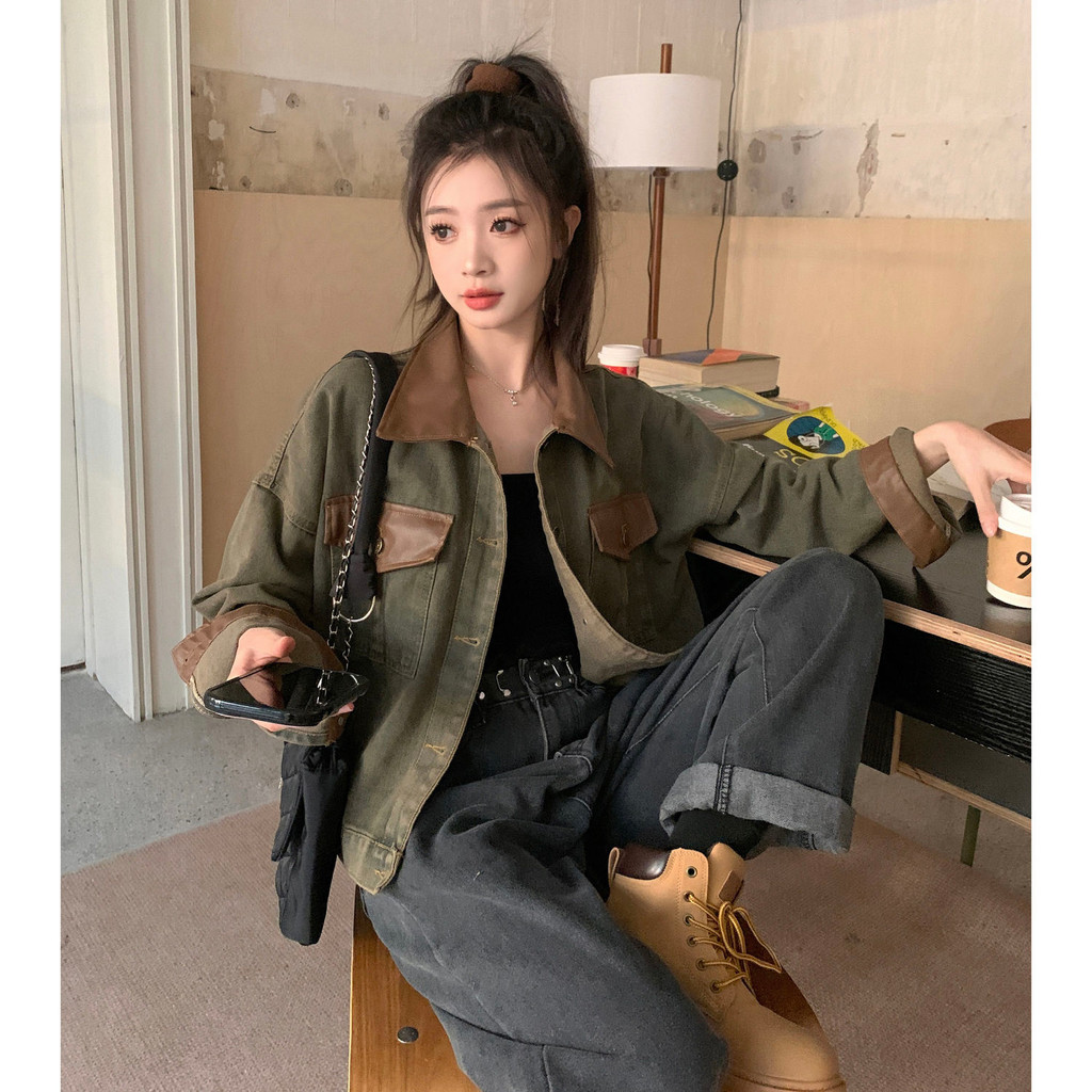 Women's Loose Fit American Retro Style for Spring and Autumn polo Vintage Washed Denim Jacket
