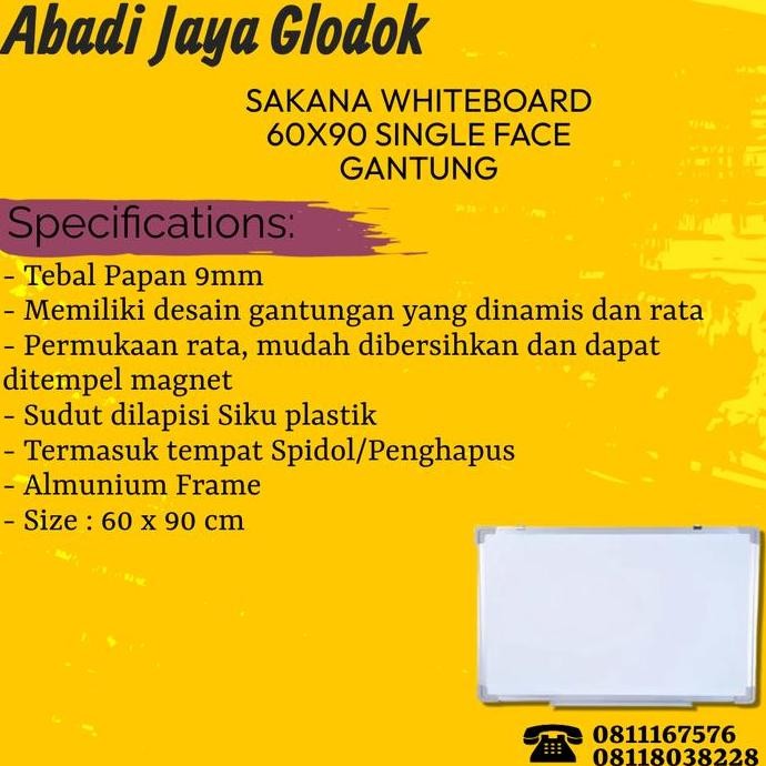 

Sakana Whiteboard 60X90 Single Face Gantung New Stok