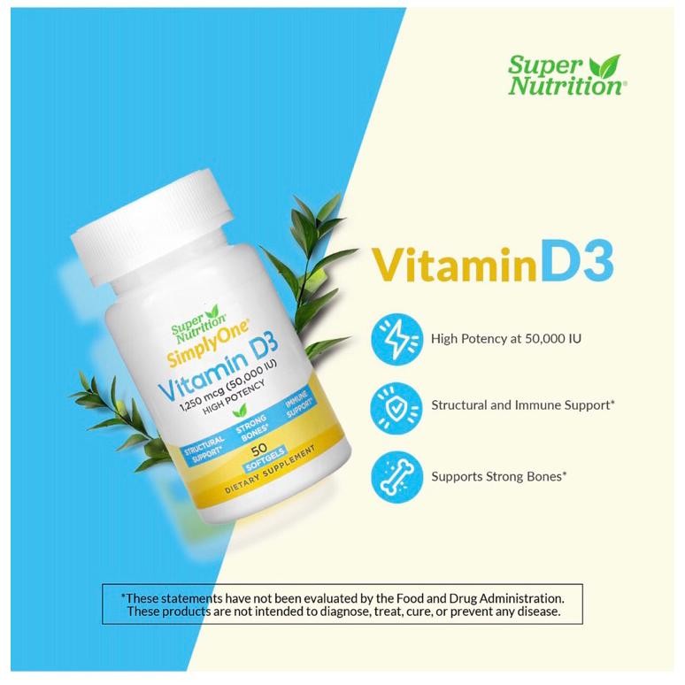 Super Nutrition Simply One Vitamin D3 50000 iu 50 Softgels Once Weekly
