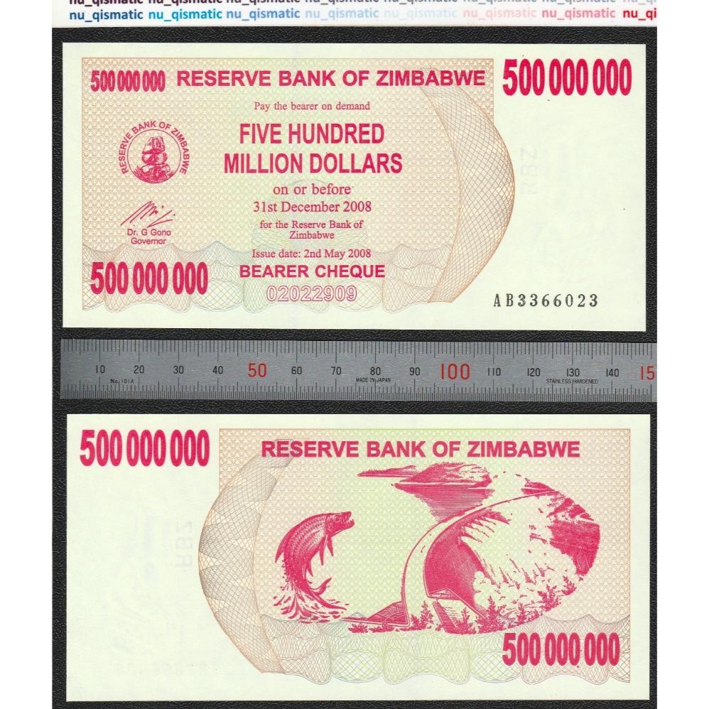 Uang Zimbabwe 500000000 500 Million 500 Juta Dollar 2008, UNC Baru Super Gress P# 60 DiM