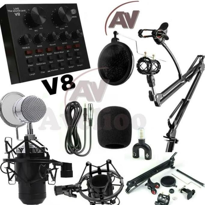 BARU PAKET KOMPLIT MIC CONDENSER BM8000 + STAND + SOUNDCARD V8 + SPLITTER | SET RECORDING LENGKAP
