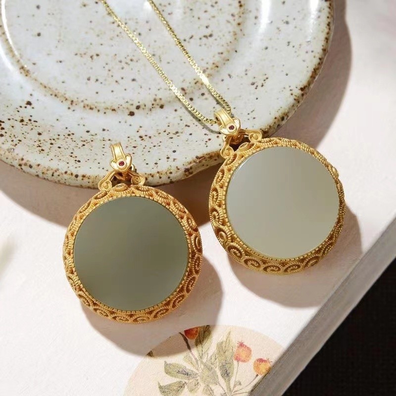 Gelang Emas Klasik, Batu Giok Hijau Murni, Desain Lingkaran Elegan, Liontin Kalung Wanita